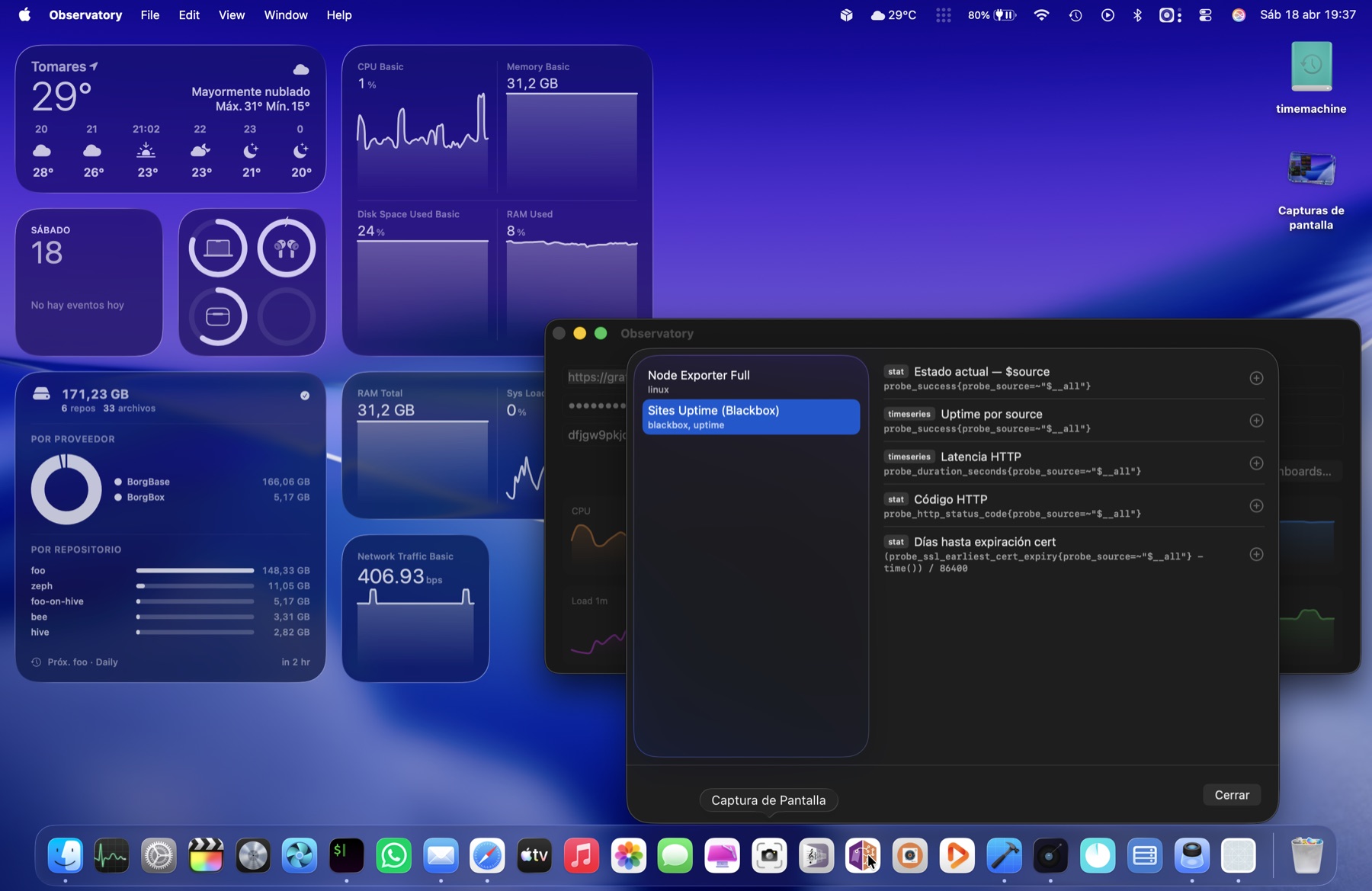 Observatory app window with the dashboard browser sheet open, showing Node Exporter Full and Sites Uptime panels