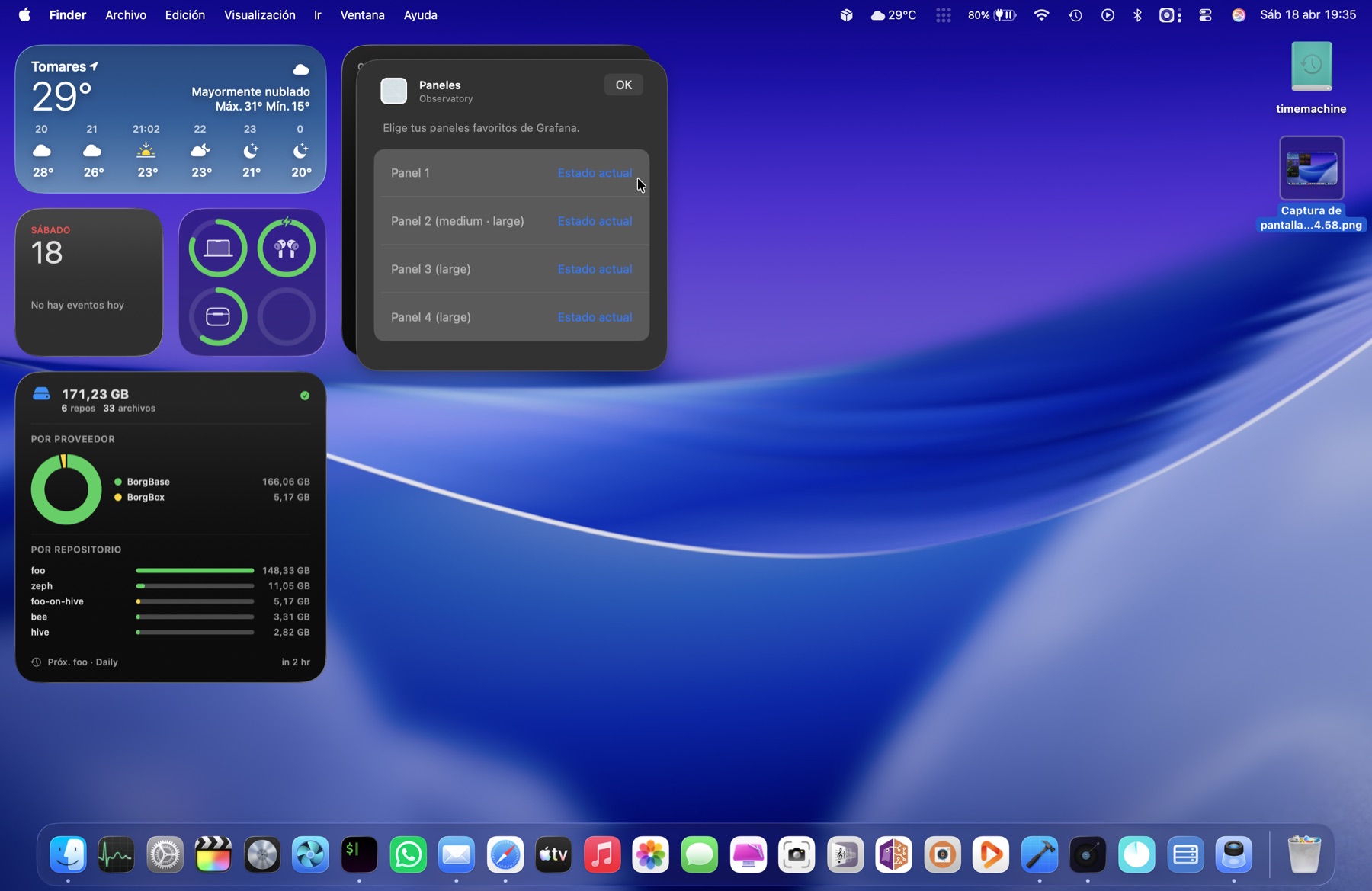 Widget edit sheet showing four configurable panel slots
