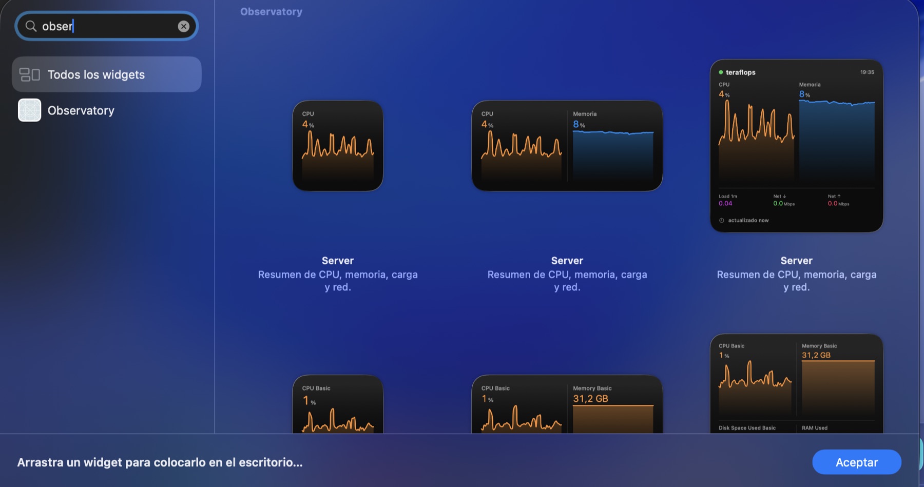 macOS widget gallery with Observatory widgets in three sizes